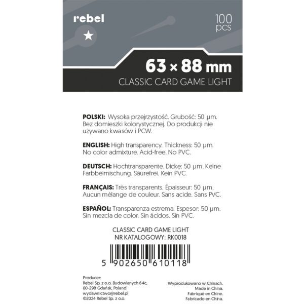 Rebel-koszulki-light-corvus-light-plecy Koszulki na karty Rebel (63x88 mm) Corvus Light, 100 sztuk